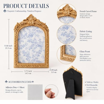 Mini Vintage Bulletin Board with Floral Fabric - Gold Arched Picture Frame for Wall & Desktop