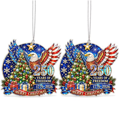 Patriotic 2-Pack Christmas Ornaments - USA 1776-2026 Anniversary Eagle & Flag Set - Red, White & Blue Holiday Decor