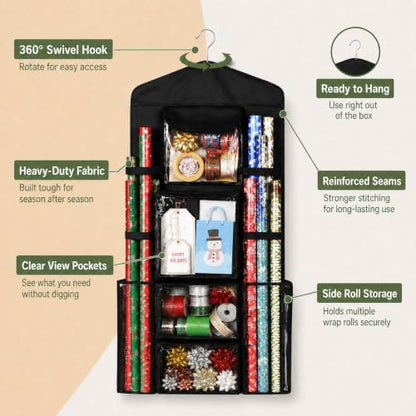 Gift Wrap Storage Organizer Hanging Gift Wrap Bag with Pockets