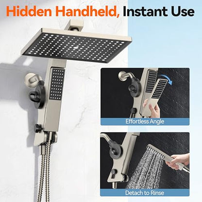 MakeFit Filtered Rain Shower Head with Handheld Combo - Nickel Brushed, High Pressure, 12-Inch Dual Showerheads & Hidden Detachable Wand for Hard Water