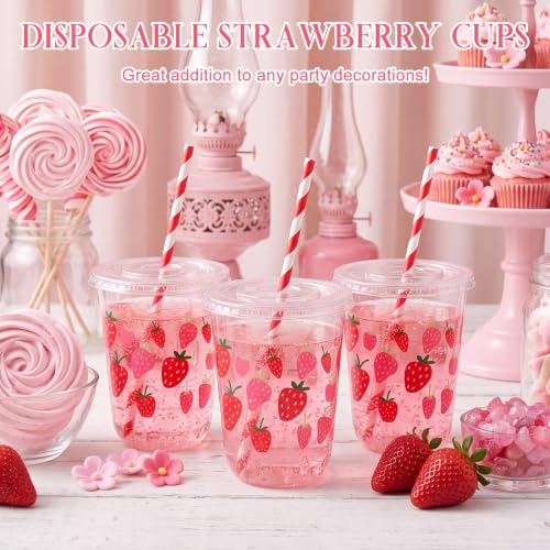 Red Strawberry Party Cups Set of 50 with Lids & Straws - 16oz Disposable Plastic