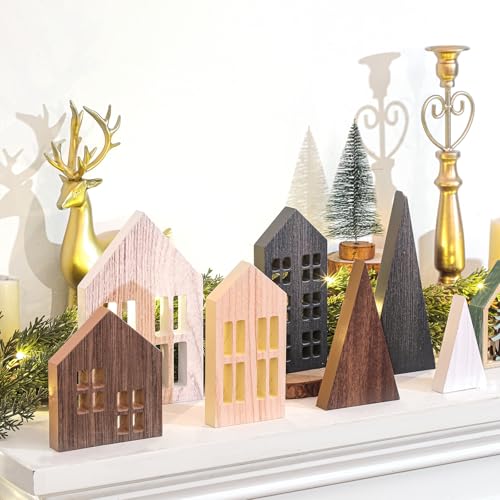 Wooden Christmas Village Houses Set with Trees - Rustic Holiday Decor