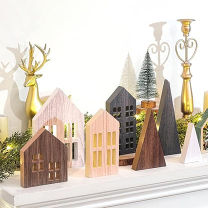 Wooden Christmas Village Houses Set with Trees - Rustic Holiday Decor