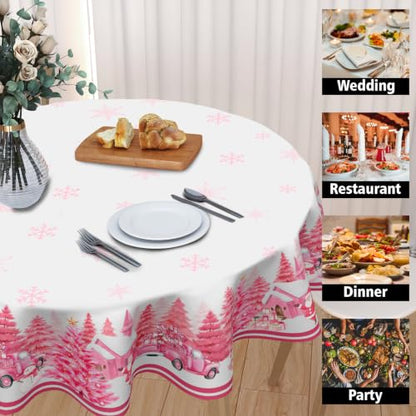 Christmas Forest Pink Round Tablecloth 60 Inch Xmas Trees Holiday Decor