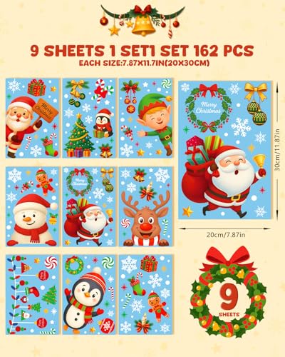 Christmas Window Clings - 9 Sheets 162 Pcs Santa Reindeer Snowman Holiday Decorations - Variation of This Listing