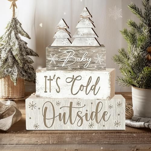 White Wooden Christmas Tree Tiered Tray Decor - Rustic Farmhouse Holiday Centerpiece