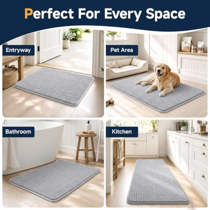 Grey Bathroom Rug 30x20 Chenille Non Slip Absorbent Quick Dry Bath Mat - Soft Floor Rug Set