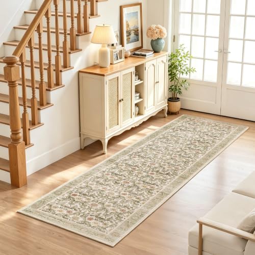 Beige Sage 2x8 Washable Non-Slip Floral Runner Rug - Vintage Boho Hallway Mat
