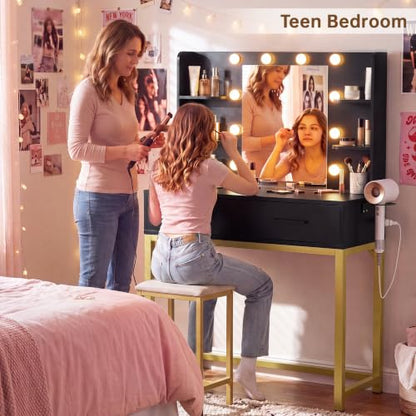 YESHOMY 31.5'' Small Vanity Desk with LED Mirror, Black - 3-Mode Lighting, Built-in USB/ outlets