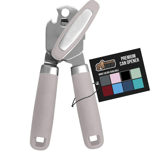 The Original Gorilla Grip Heavy Duty Stainless Steel Smooth Edge Manual Hand Held Can Opener With Soft Touch Handle, Rust Proof Oversized Handheld Easy Turn Knob, Large Lid Openers, Almond