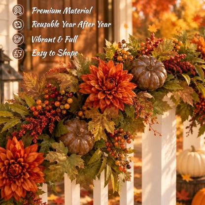 Fall Garland for Mantle 6FT Pumpkin Maple Leaves Autumn Decor - Fall