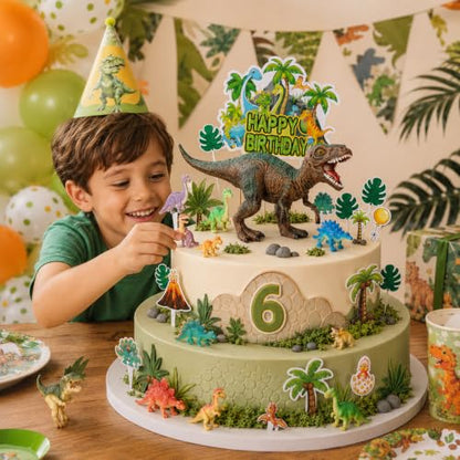 Dinosaur Birthday Cake Topper Set with 3D Figures & Jungle Decor