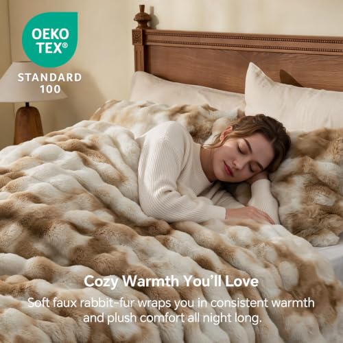 Beige Tie Dye Faux Fur Comforter Set Queen Thick Winter Bedding