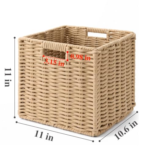 Khaki Cotton Rope Cube Storage Basket 11 Inch Foldable Organizer with Handles