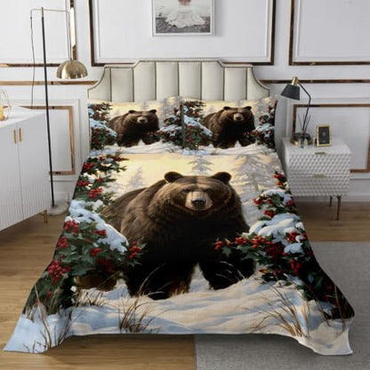 Feelyou Bear Bedspread Set King Size Cranberry & Glacier 3 Pieces