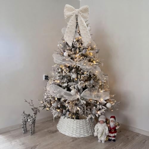 White Pearl Bow Christmas Tree Topper - Elegant Holiday Decor 11x5.7 Inches