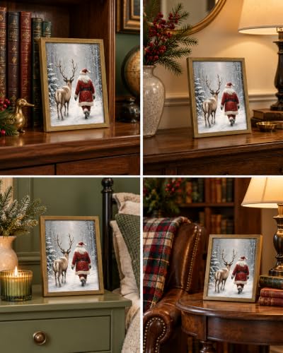 Vintage Santa Reindeer Christmas Wall Art - Framed 10x8 Inch Rustic Canvas