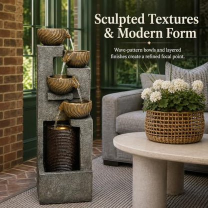 Sunroom Floor Fountain 43.7 in with 4-Bowl Cascade & Warm LED Light Gray Brown Variation