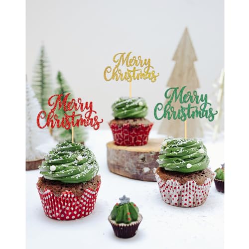 Merry Christmas Cupcake Toppers Set - Pattern C, 24 Holiday Cake Picks