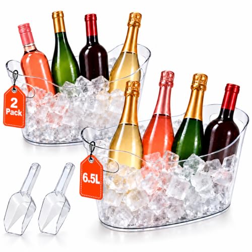 2 Pack Clear Plastic Ice Buckets with Scoops for Parties and Events