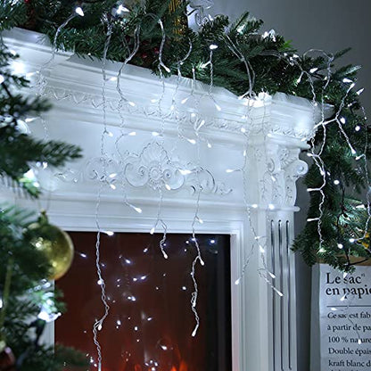 White Christmas Icicle String Lights 32Ft with 8 Modes & Timer - Waterproof Outdoor Decor
