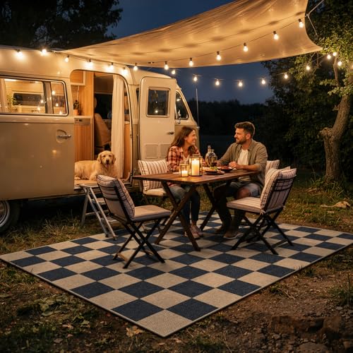 5' x 7' Checkerboard Outdoor Patio Rug - Washable Jute Look Black