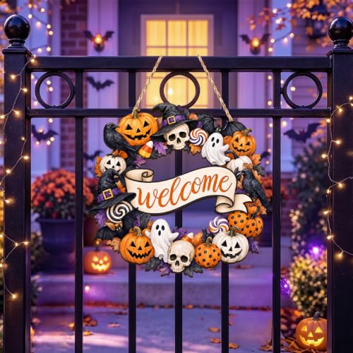 Halloween Wreath Door Decor Ghost Welcome Wooden Sign - Variation of THIS listing