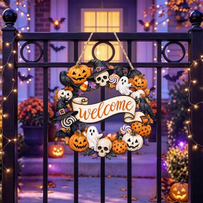 Halloween Wreath Door Decor Ghost Welcome Wooden Sign - Variation of THIS listing