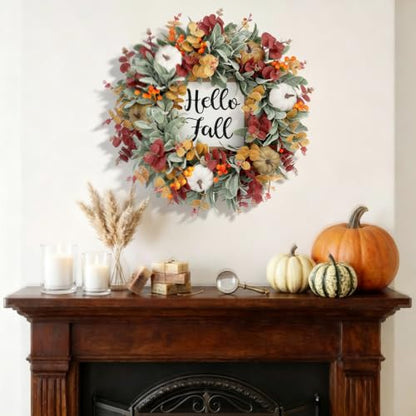 26 Inch Fall Wreath for Front Door with Hello Fall Sign - Rustic Autumn Decor