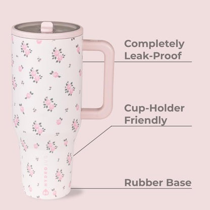 HydroJug Traveler - 40 Oz Insulated Water Bottle with Handle & Flip Straw - Leak Resistant, Fits Cup Holder, Wildrose