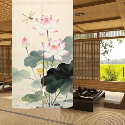 Japanese Noren Doorway Curtain Tapestry Lotus Design Green 33.5x59 Inches