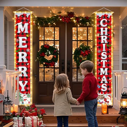Outdoor Christmas Decorations Banner with String Lights - Merry Christmas Welcome Sign, 70 Inch Festive Yard & Door Decor