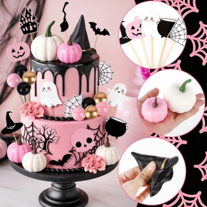 Pink Pumpkin Halloween Cake Topper Set with Hat, Flowers & Bats - 30PCS, Variation: Pumpkin