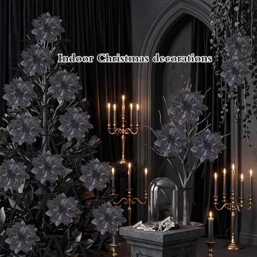 Black Poinsettia Artificial Flowers & Velvet Bows - Festive Xmas Decor - Blackbows