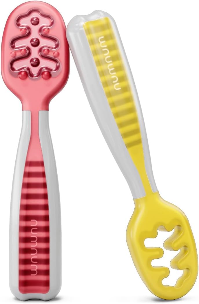 NumNum Baby Spoons Set - Silicone Self-Feeding Utensils for 6+ Months | BPA-Free, 2 Pack Red/Yellow