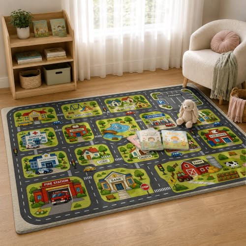 Kids Town Road Rug - Car Play Map Carpet for Playroom, 3 x 5 ft - Town Car Road Variation