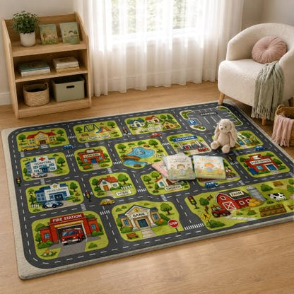 Kids Town Road Rug - Car Play Map Carpet for Playroom, 3 x 5 ft - Town Car Road Variation