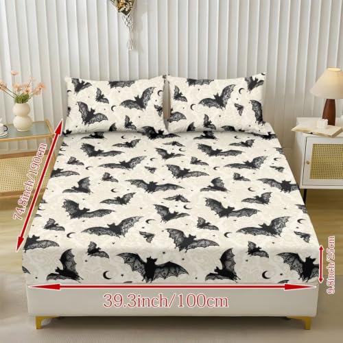 Halloween Bat Bed Sheets Set Queen Size - Bat Fitted Sheet & Pillowcases - Beige