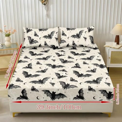 Halloween Bat Bed Sheets Set Queen Size - Bat Fitted Sheet & Pillowcases - Beige
