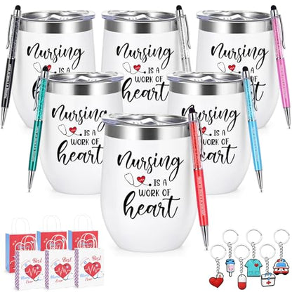 White Insulated Wine Tumbler Set of 6 Nurse Appreciation Gifts with Key Chains