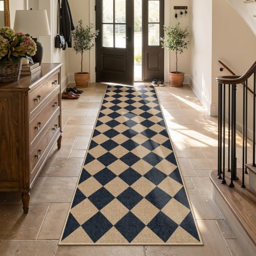 Lahome Checkered Hallway Runner Rug Non Slip 2'6" x 10' Black & Natural