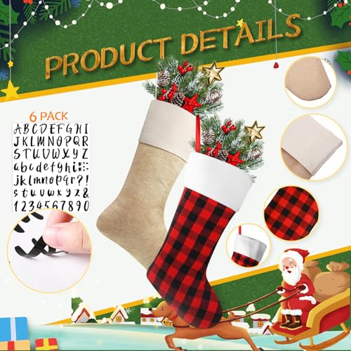 Christmas Burlap Stockings Hanging Set - Light Brown, Red & Black, 12 Pack