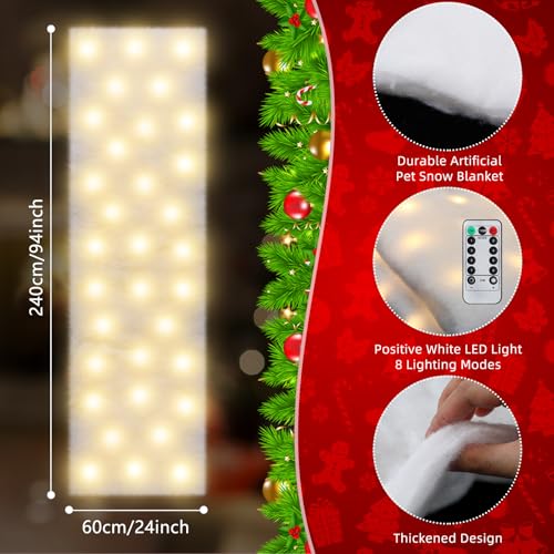 Christmas Snow Blanket with LED Lights - Warm White 94 x 24 Inch, Fake Snow for Holiday Decor