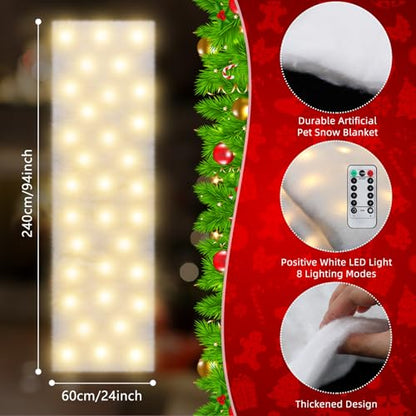 Christmas Snow Blanket with LED Lights - Warm White 94 x 24 Inch, Fake Snow for Holiday Decor