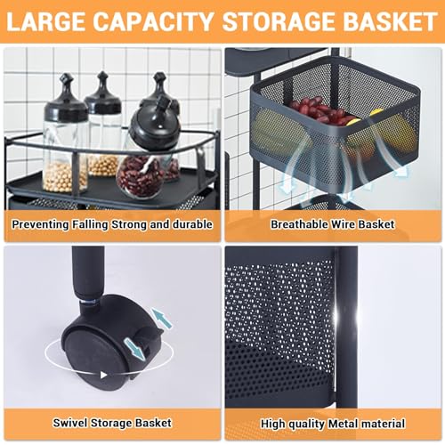 Black 5-Tier Metal Mesh Kitchen Storage Cart with Rotating Baskets & Wheels