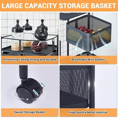 Black 5-Tier Metal Mesh Kitchen Storage Cart with Rotating Baskets & Wheels