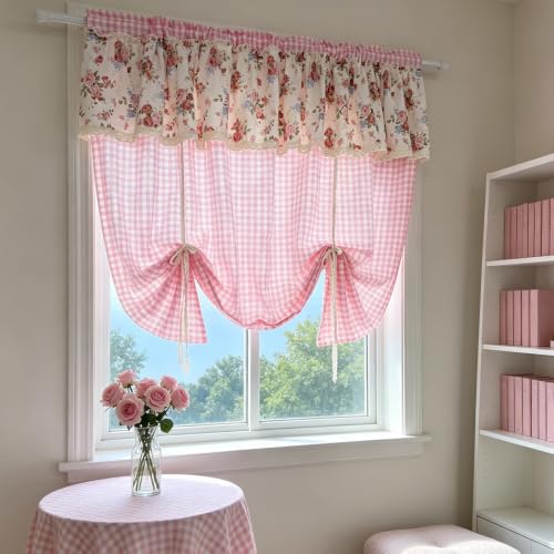 Pink Floral Gingham Tie-Up Balloon Curtain with Lace Trim - 55W x 63L