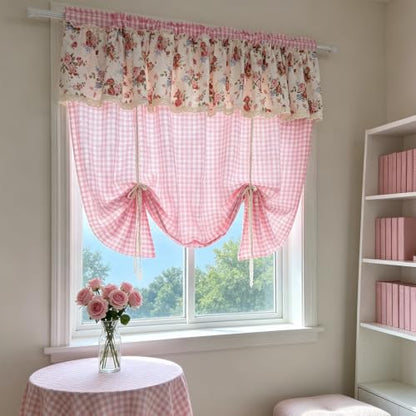 Pink Floral Gingham Tie-Up Balloon Curtain with Lace Trim - 55W x 63L