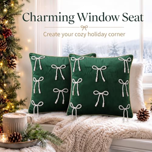 Dark Green Velvet Christmas Throw Pillow Covers with Pearl Bow Set - 18x18 Inches