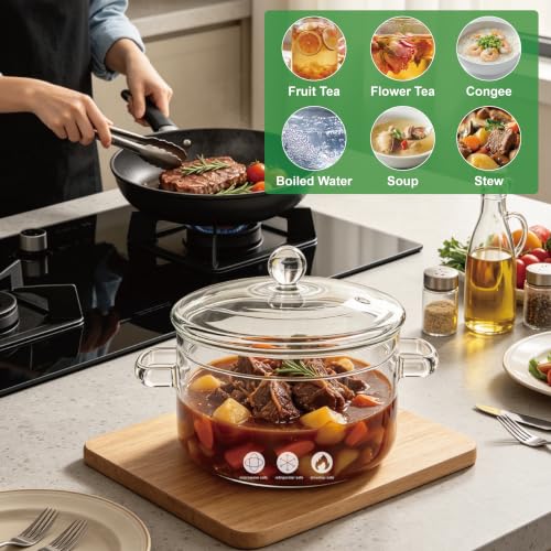 Clear Glass Simmer Pot with Lid 1.5L Borosilicate Stovetop Saucepan